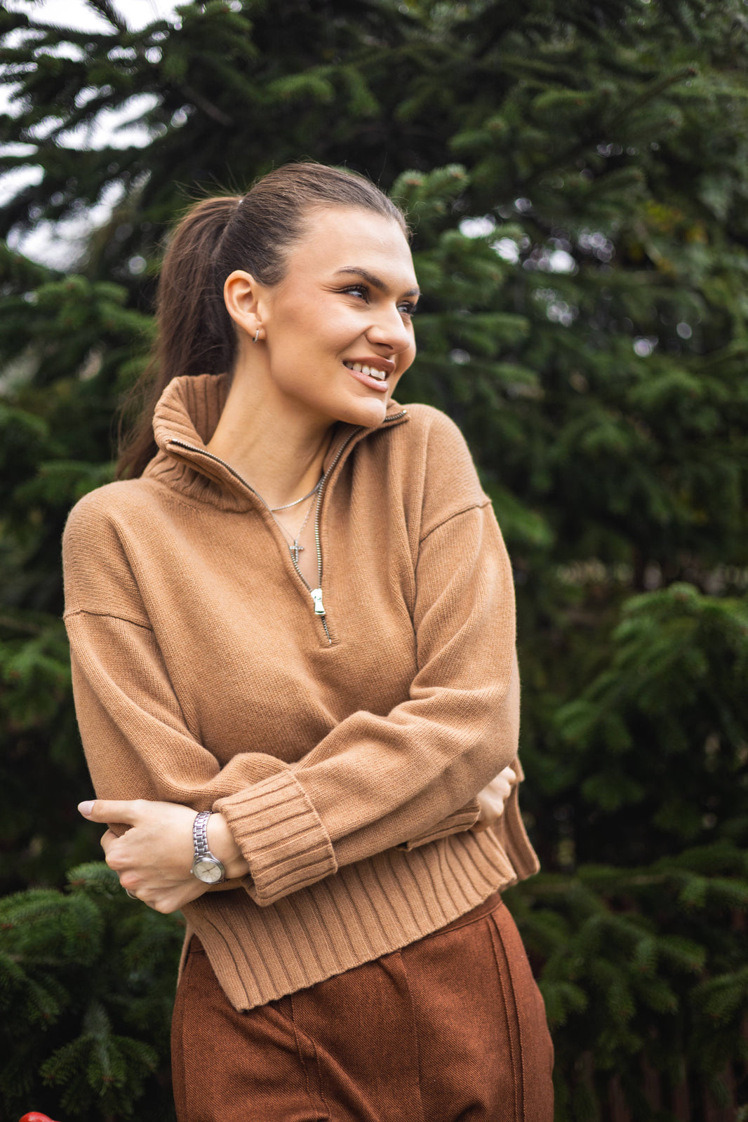 Pulover din mix cu casmir, cu guler inalt si fermoar