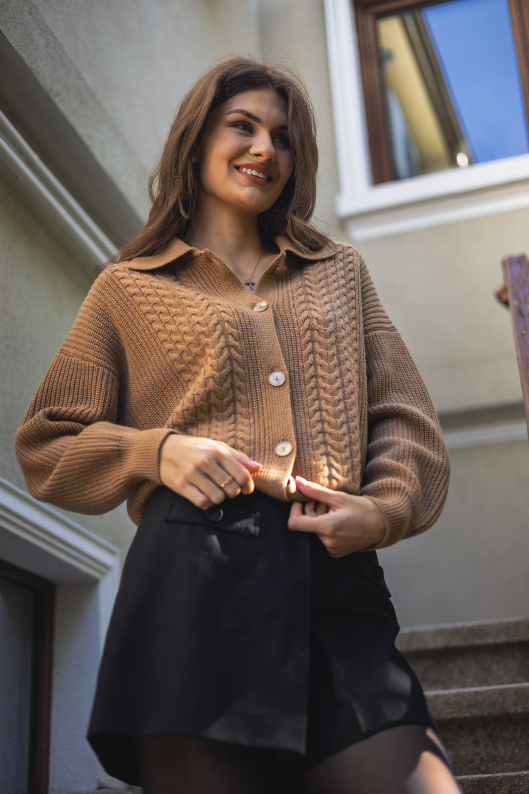 Cardigan cu guler polo si torsade – Cashmere Blend