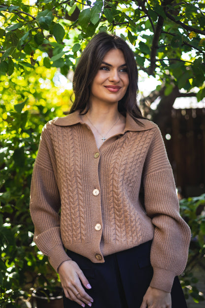 Cardigan cu guler polo si torsade – Cashmere Blend