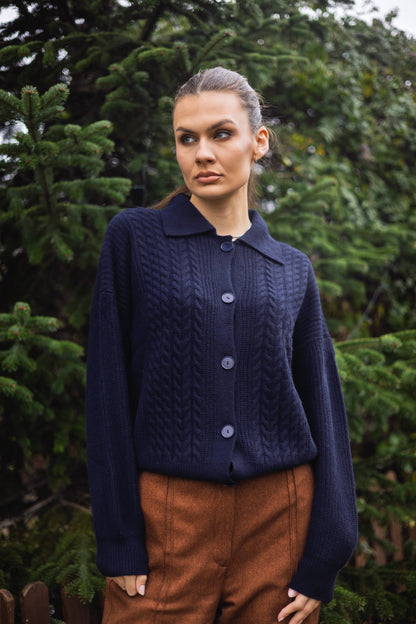 Cardigan cu guler polo si torsade – Cashmere Blend