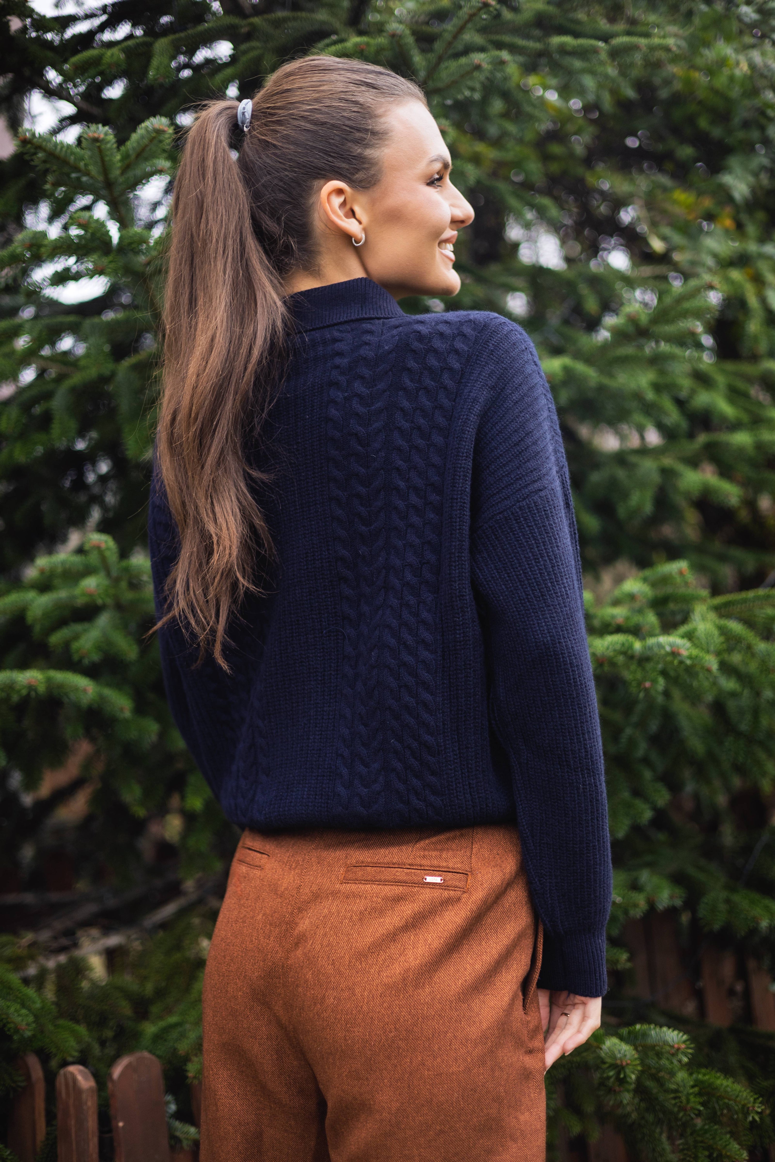Cardigan cu guler polo si torsade – Cashmere Blend