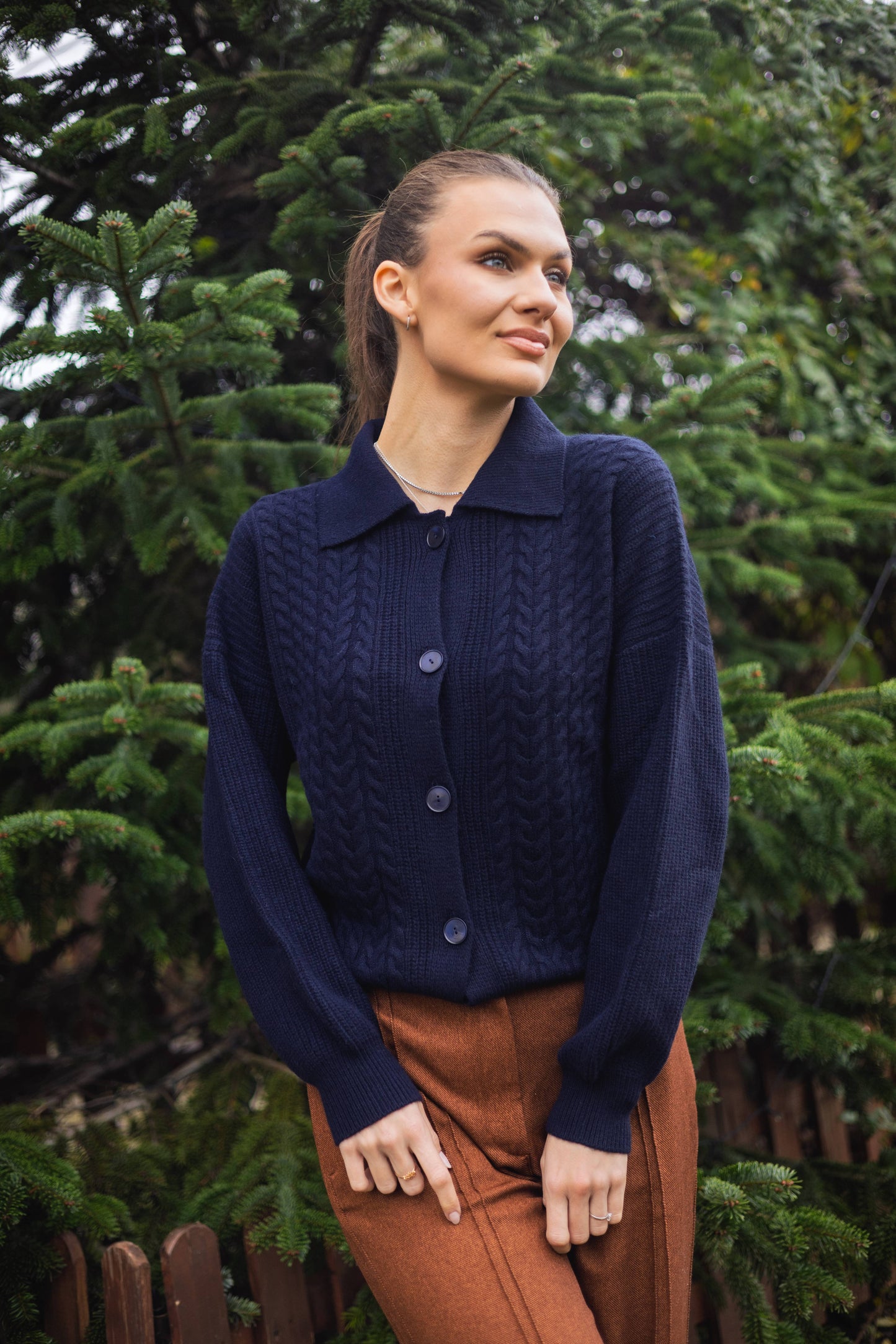 Cardigan cu guler polo si torsade – Cashmere Blend