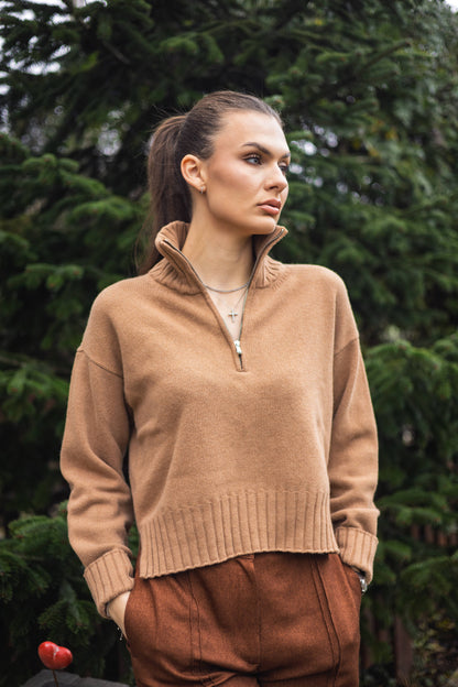 Pulover din mix cu casmir, cu guler inalt si fermoar