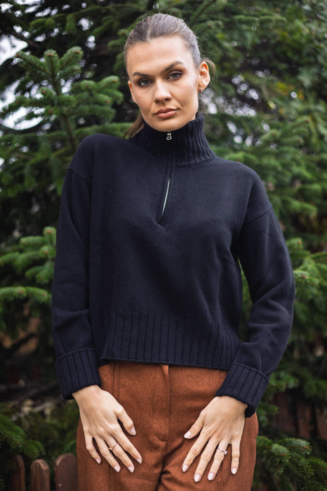Pulover din mix cu casmir, cu guler inalt si fermoar